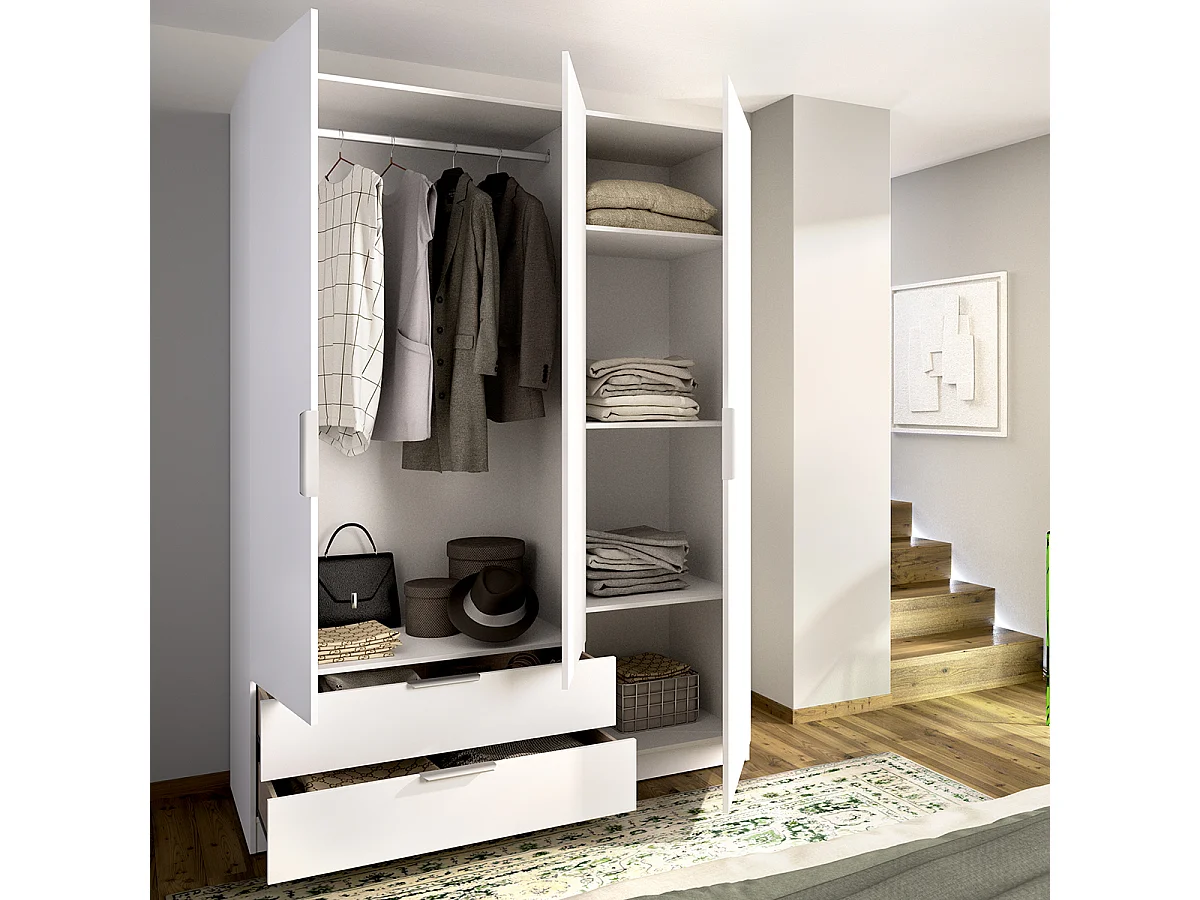 Armoire placard de rangement à 3 portes battantes et 2 tiroirs, coloris blanc - Hauteur 203,5 x Longueur 136,6 x Profondeur 51,4 cm