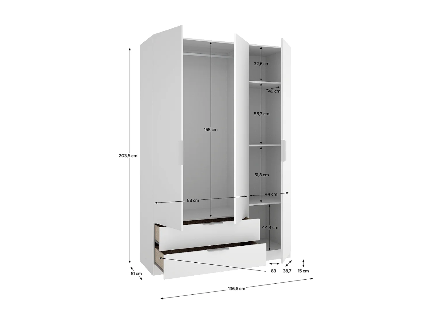 Armoire placard de rangement à 3 portes battantes et 2 tiroirs, coloris blanc - Hauteur 203,5 x Longueur 136,6 x Profondeur 51,4 cm