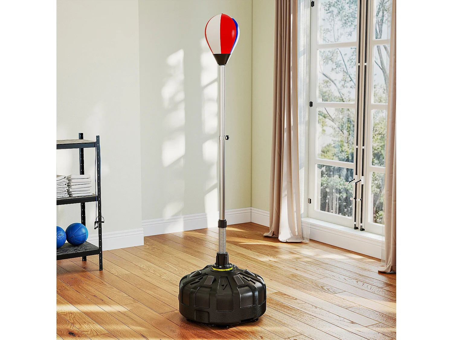 Punching ball sur pied hauteur réglable H.147 -165cm - ressort central, socle ventouses - bleu blanc rouge