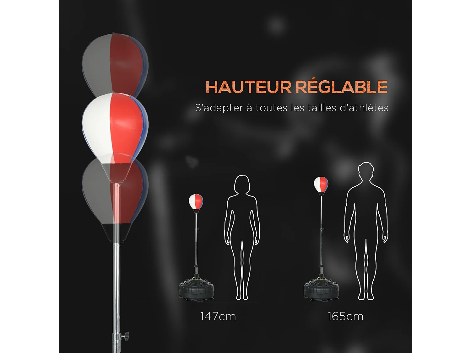 Punching ball sur pied hauteur réglable H.147 -165cm - ressort central, socle ventouses - bleu blanc rouge