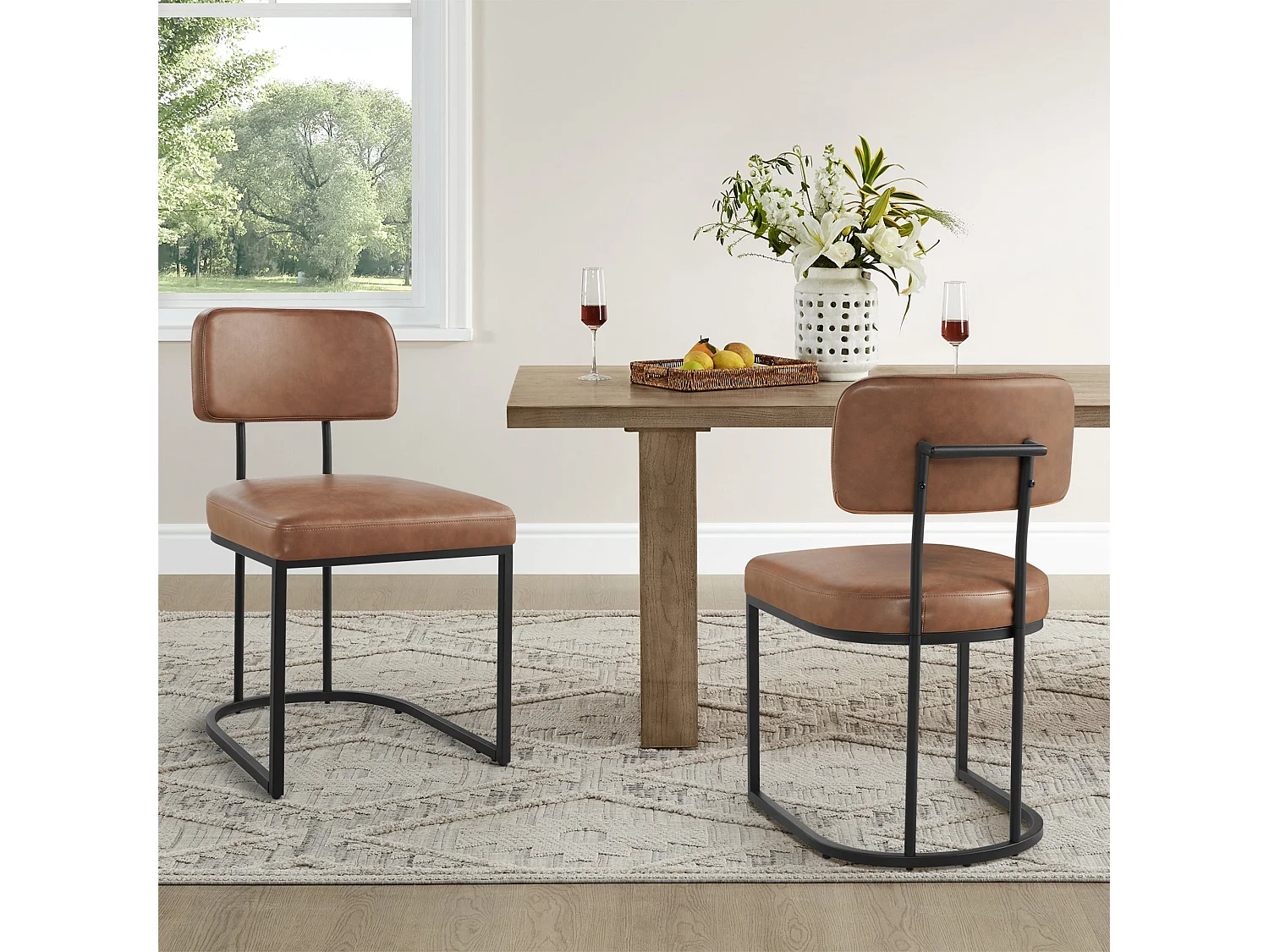 Lot de 2 chaises de salle à manger, Dossier rembourré, Modèle moderne  Similicuir, Piètement métal