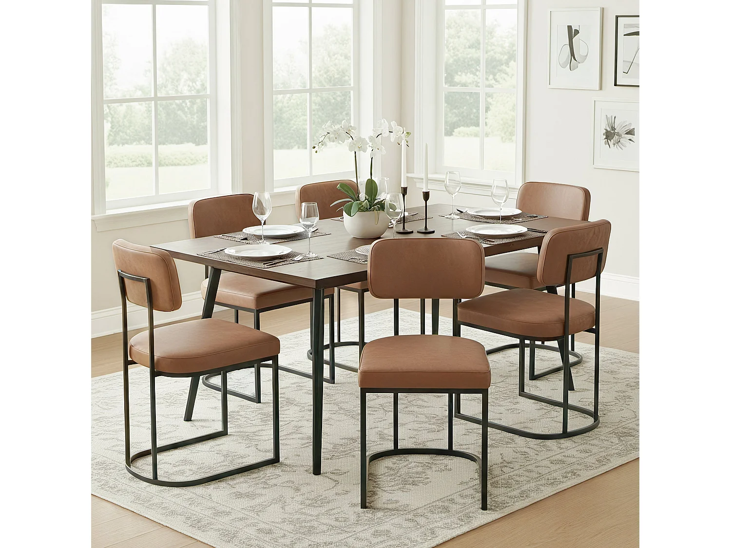 Lot de 2 chaises de salle à manger, Dossier rembourré, Modèle moderne  Similicuir, Piètement métal