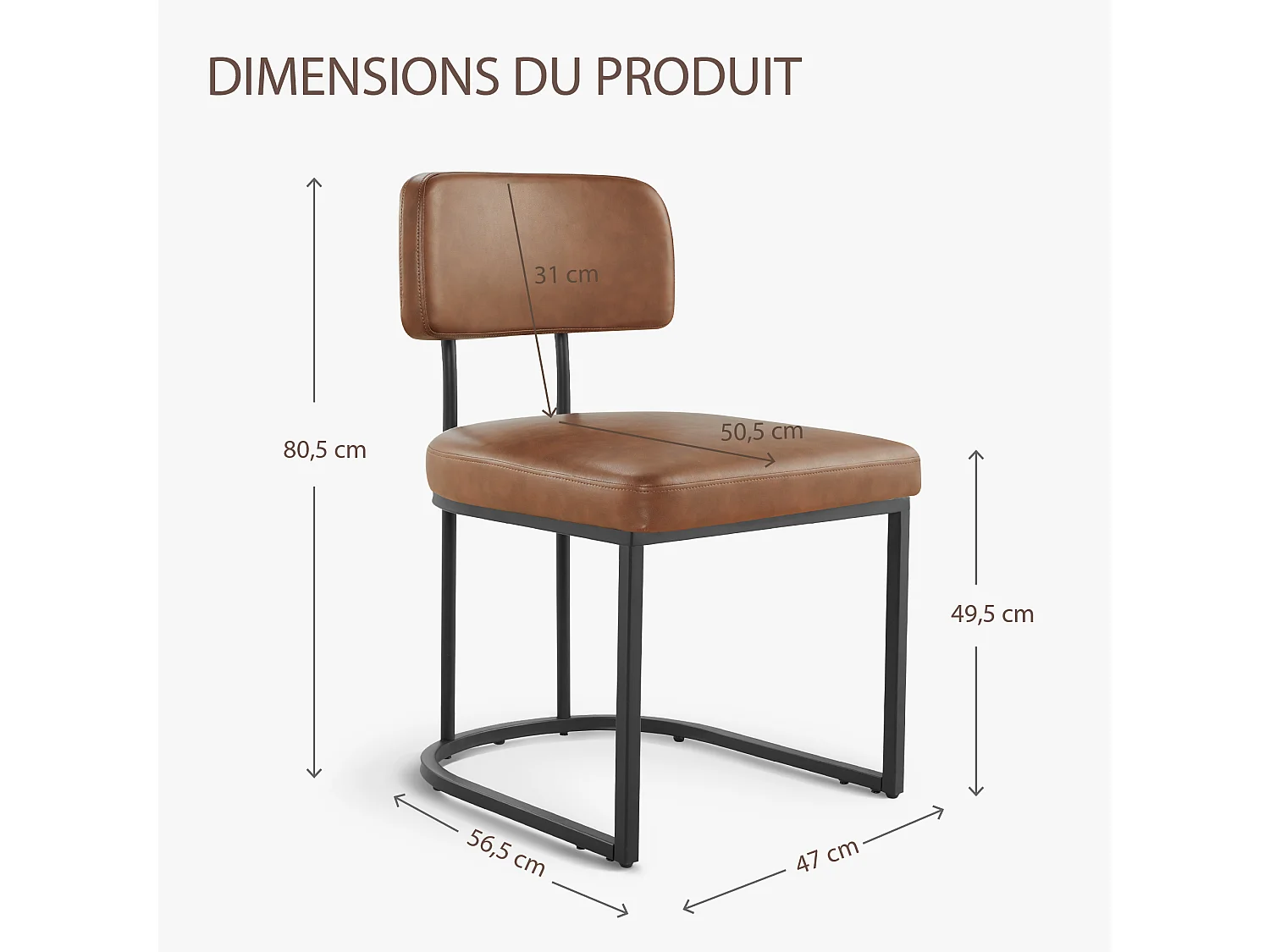 Lot de 2 chaises de salle à manger, Dossier rembourré, Modèle moderne  Similicuir, Piètement métal