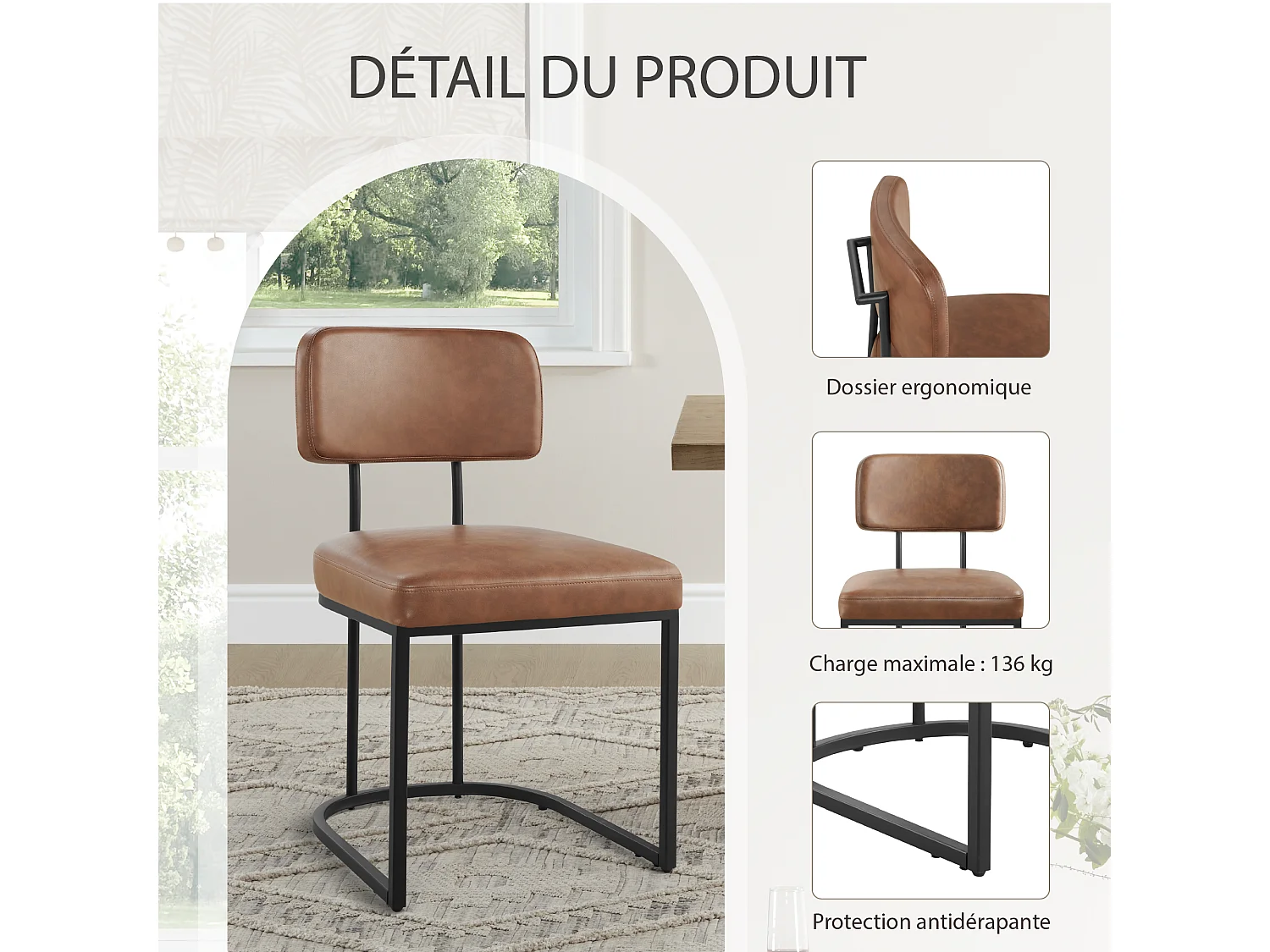 Lot de 2 chaises de salle à manger, Dossier rembourré, Modèle moderne  Similicuir, Piètement métal