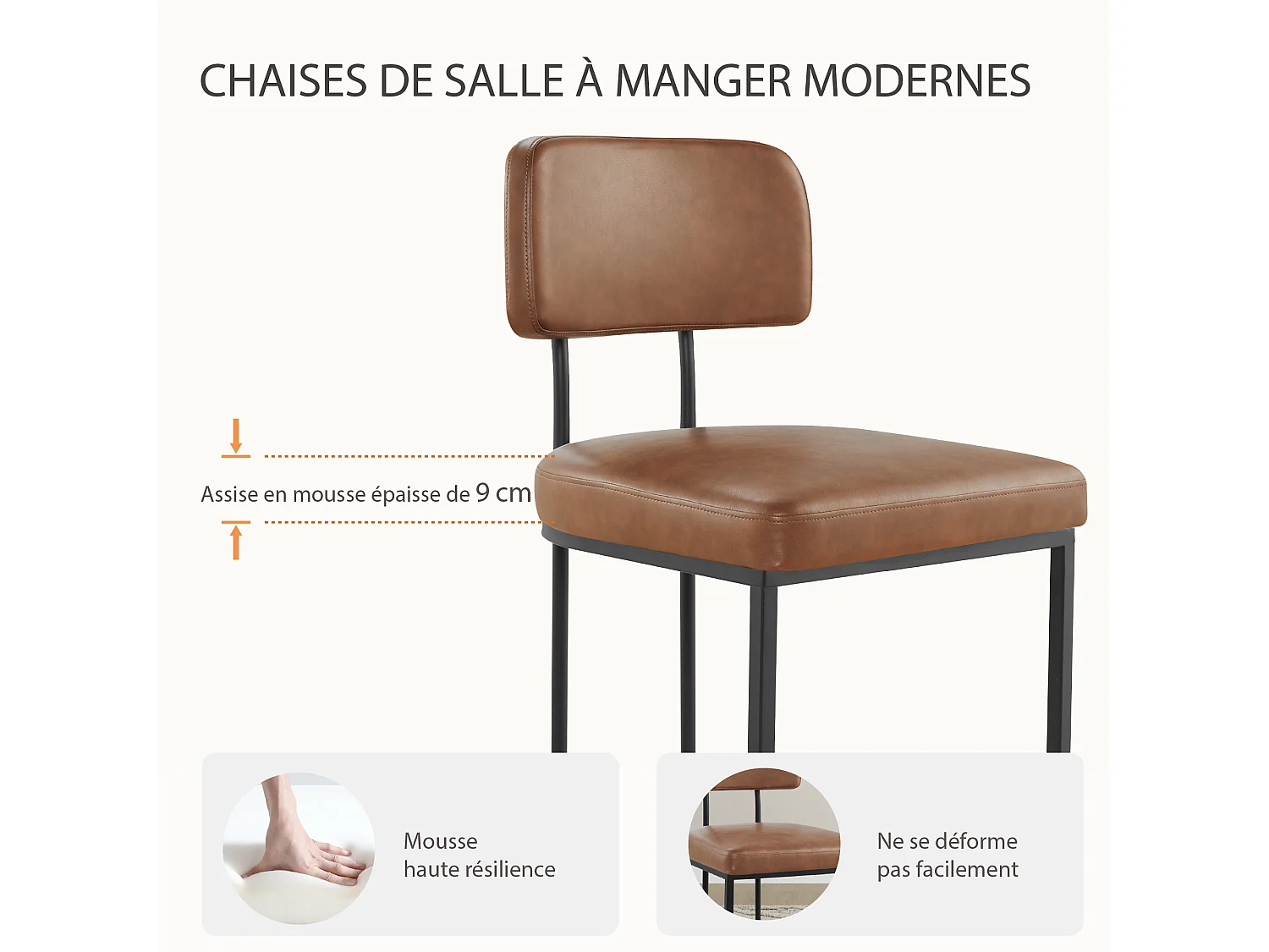 Lot de 2 chaises de salle à manger, Dossier rembourré, Modèle moderne  Similicuir, Piètement métal