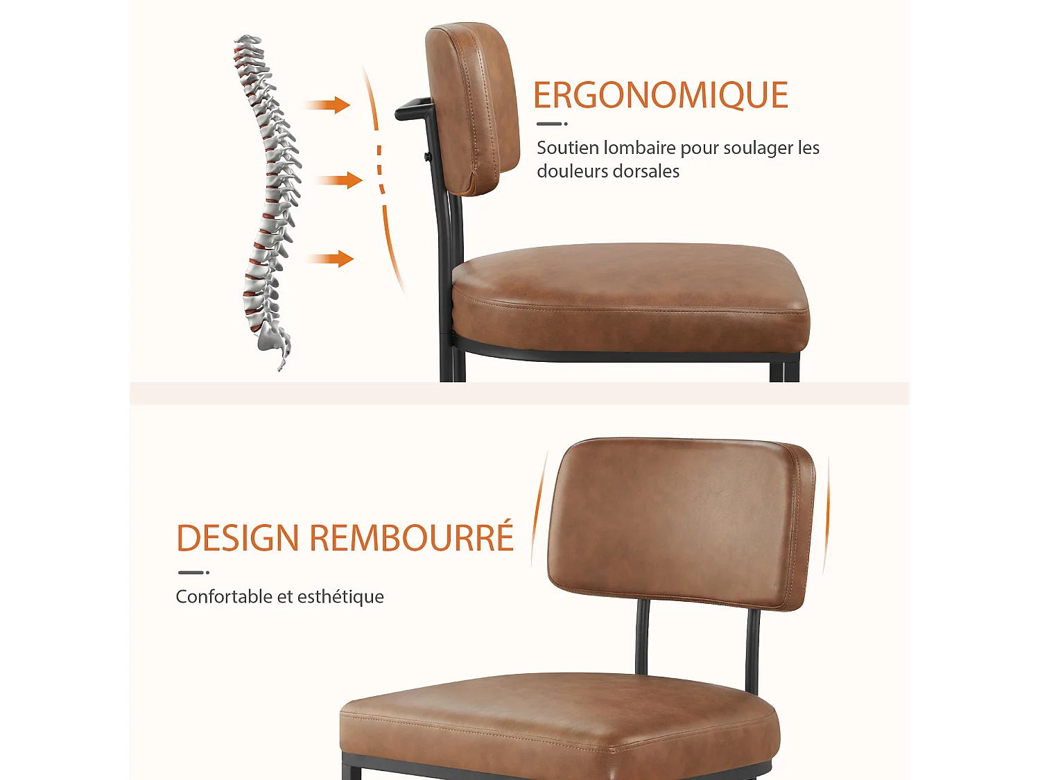 Lot de 2 chaises de salle à manger, Dossier rembourré, Modèle moderne  Similicuir, Piètement métal