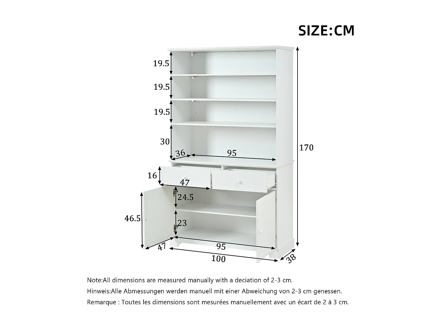 Freistehende Glasvitrine – 100 x 38 x 170 mm – mit 2 Türen, 2 Schubladen, LED-Beleuchtung und Einlegeböden – Spanplatte – weiß