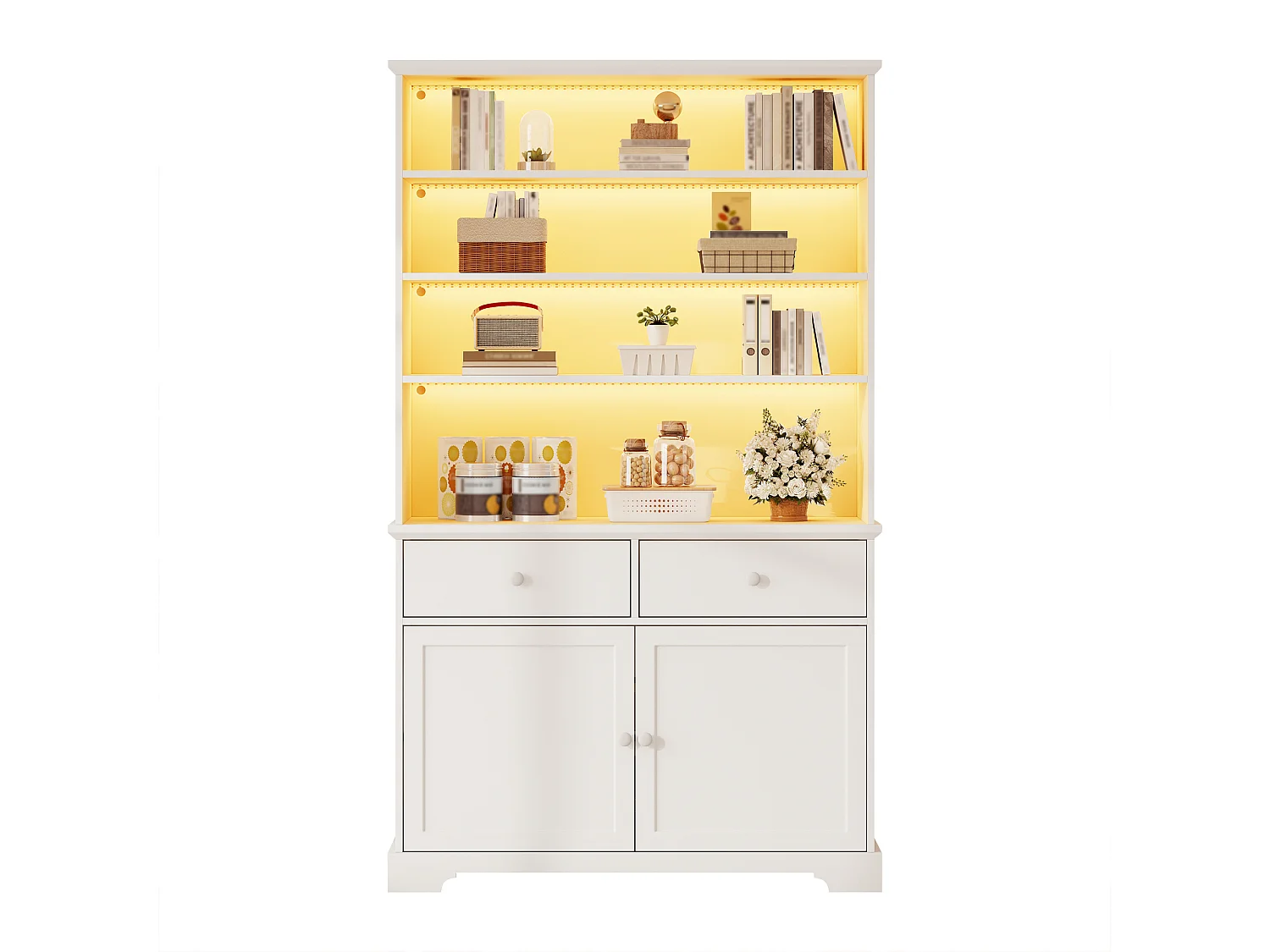 Freistehende Glasvitrine – 100 x 38 x 170 mm – mit 2 Türen, 2 Schubladen, LED-Beleuchtung und Einlegeböden – Spanplatte – weiß