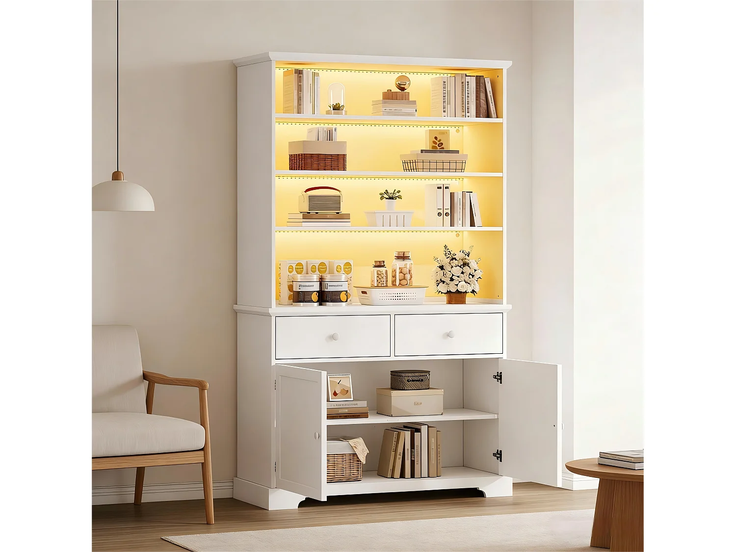 Freistehende Glasvitrine – 100 x 38 x 170 mm – mit 2 Türen, 2 Schubladen, LED-Beleuchtung und Einlegeböden – Spanplatte – weiß