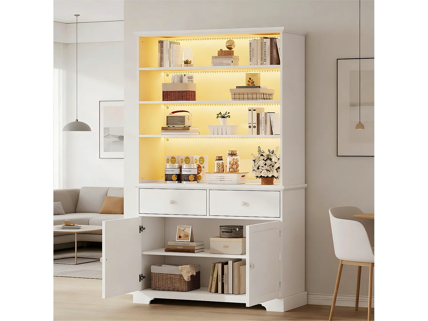 Freistehende Glasvitrine – 100 x 38 x 170 mm – mit 2 Türen, 2 Schubladen, LED-Beleuchtung und Einlegeböden – Spanplatte – weiß