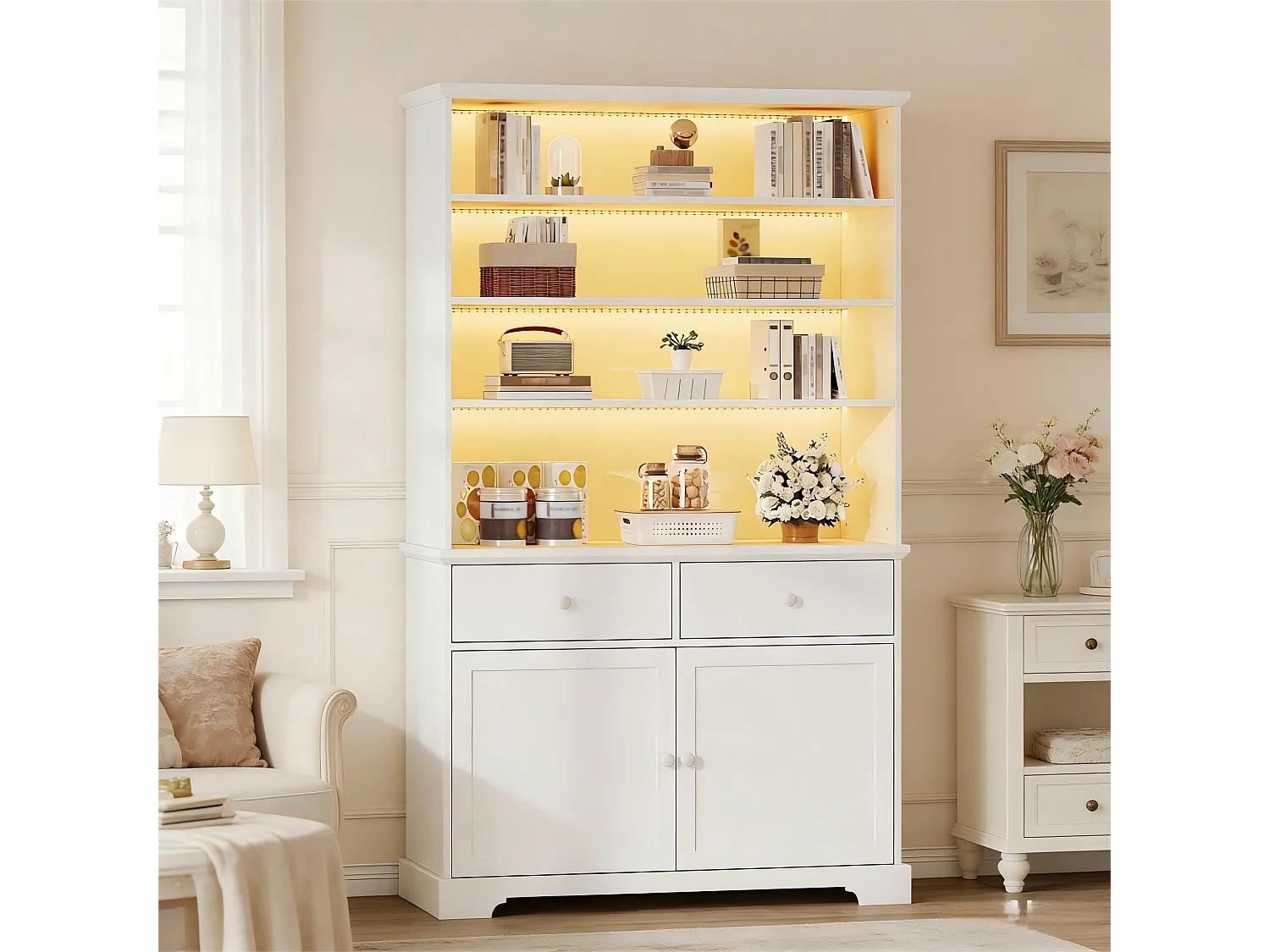 Freistehende Glasvitrine – 100 x 38 x 170 mm – mit 2 Türen, 2 Schubladen, LED-Beleuchtung und Einlegeböden – Spanplatte – weiß