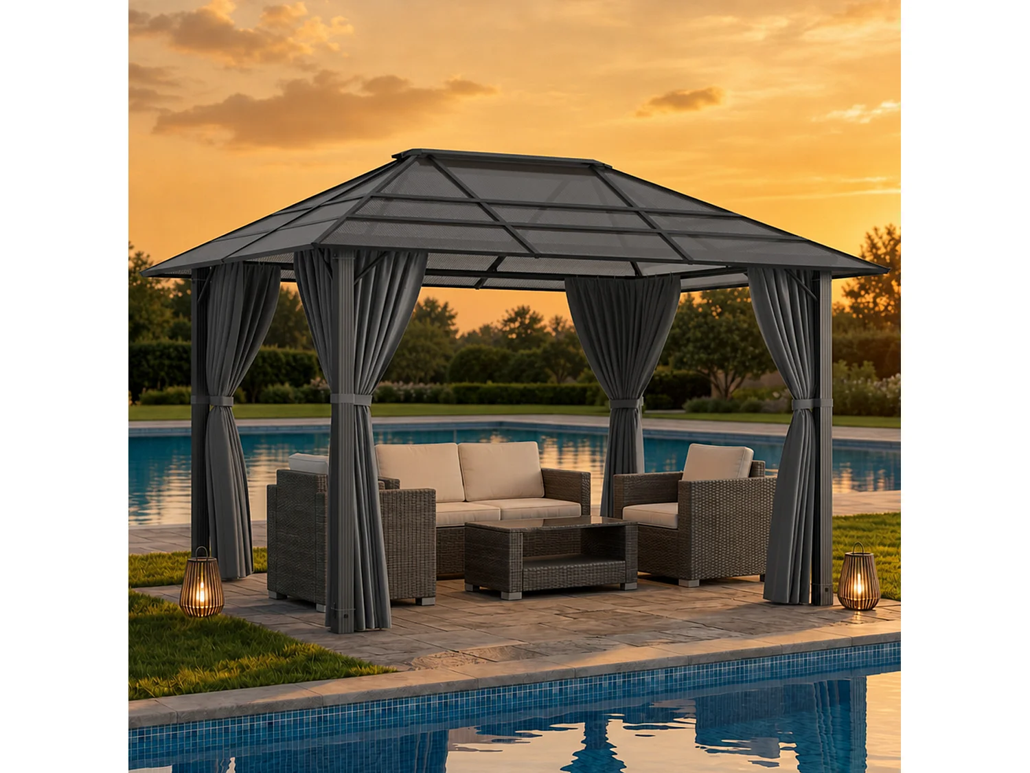 Devoko ® Pavillon de Jardin Hardtop 3x4m avec Éclairage LED Solaire, Toit en Polycarbonate 6mm, Structure Acier-Aluminium, Rideaux Latéraux pour Terrasse Jardin