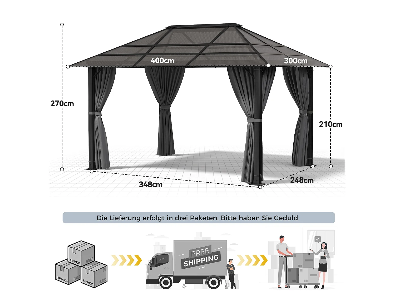 Devoko ® Pavillon de Jardin Hardtop 3x4m avec Éclairage LED Solaire, Toit en Polycarbonate 6mm, Structure Acier-Aluminium, Rideaux Latéraux pour Terrasse Jardin