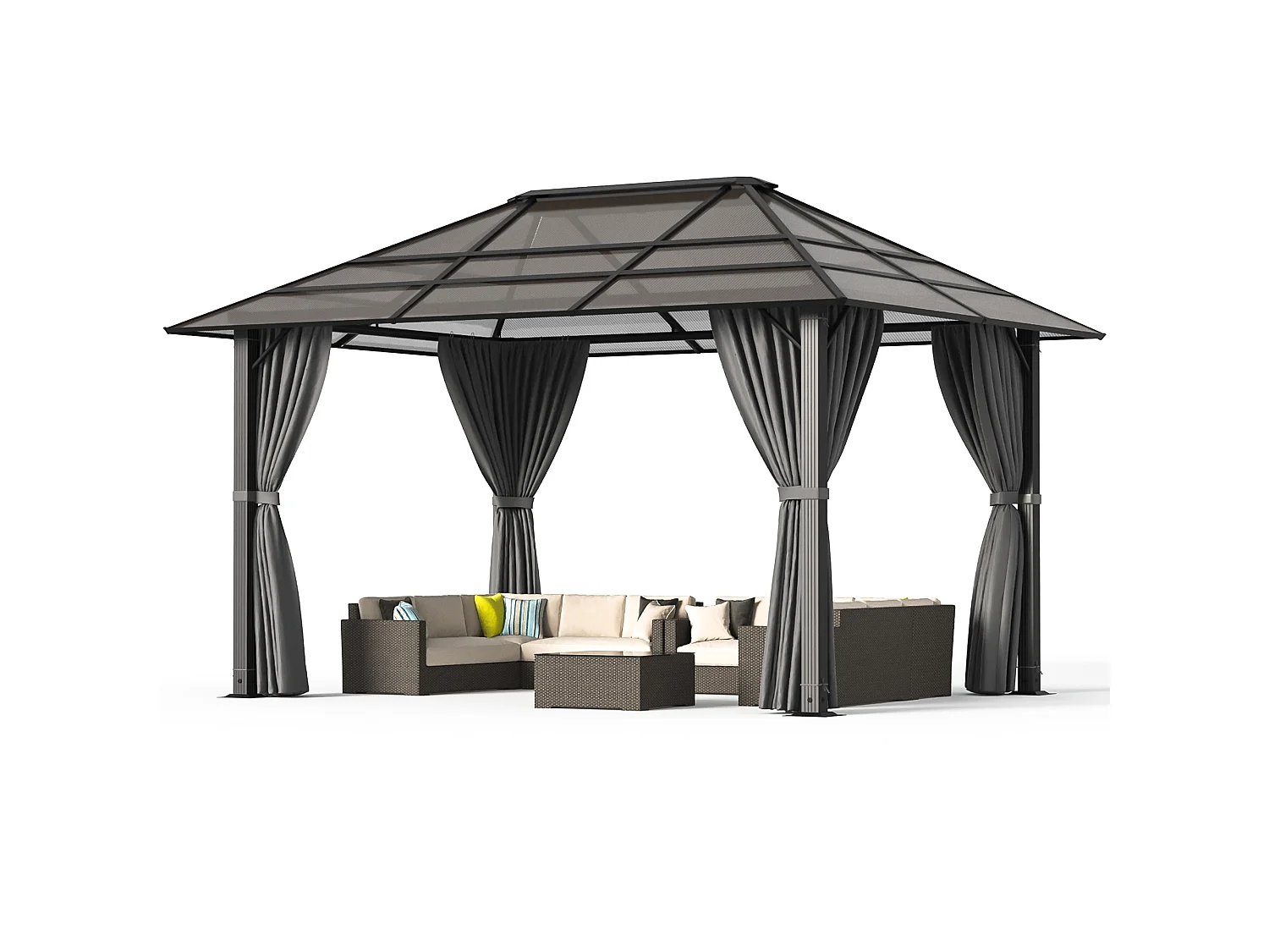 Devoko ® Pavillon de Jardin Hardtop 3x4m avec Éclairage LED Solaire, Toit en Polycarbonate 6mm, Structure Acier-Aluminium, Rideaux Latéraux pour Terrasse Jardin