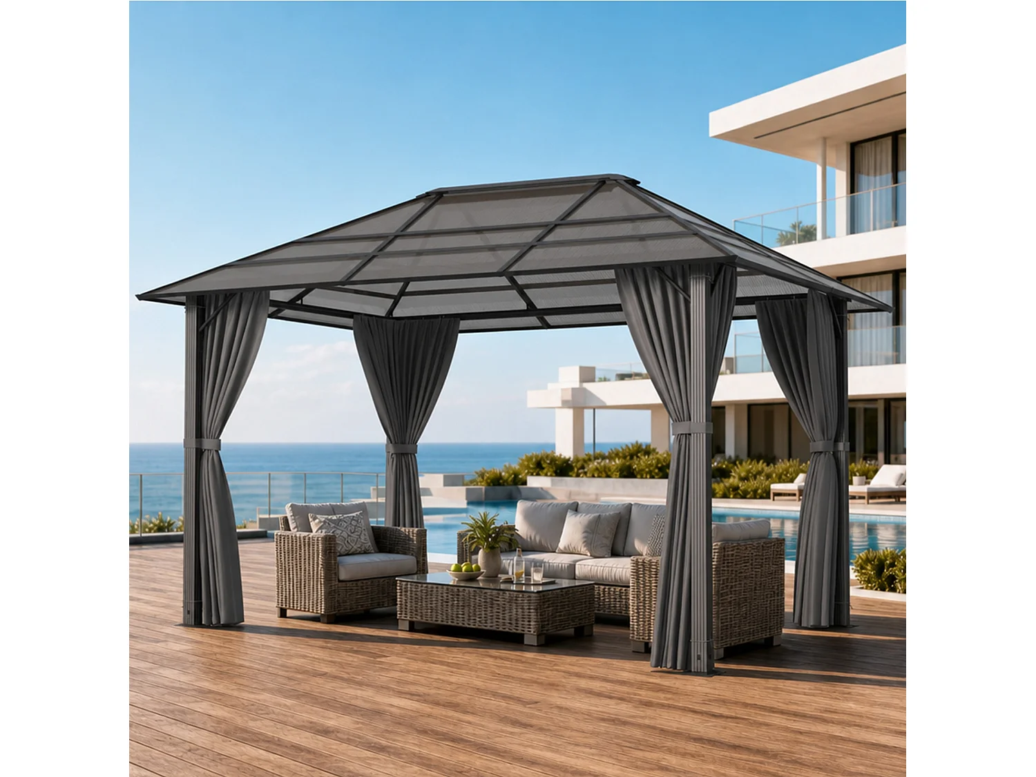 Devoko ® Pavillon de Jardin Hardtop 3x4m avec Éclairage LED Solaire, Toit en Polycarbonate 6mm, Structure Acier-Aluminium, Rideaux Latéraux pour Terrasse Jardin