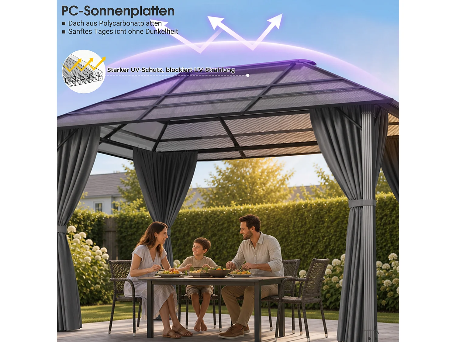 Devoko ® Pavillon de Jardin Hardtop 3x4m avec Éclairage LED Solaire, Toit en Polycarbonate 6mm, Structure Acier-Aluminium, Rideaux Latéraux pour Terrasse Jardin