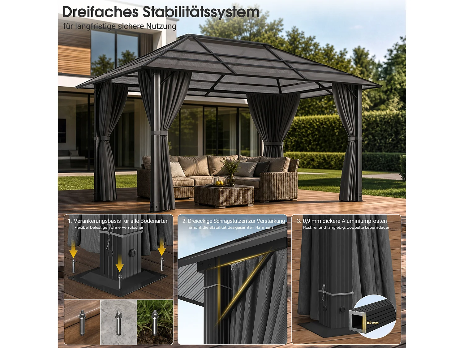 Devoko ® Pavillon de Jardin Hardtop 3x4m avec Éclairage LED Solaire, Toit en Polycarbonate 6mm, Structure Acier-Aluminium, Rideaux Latéraux pour Terrasse Jardin