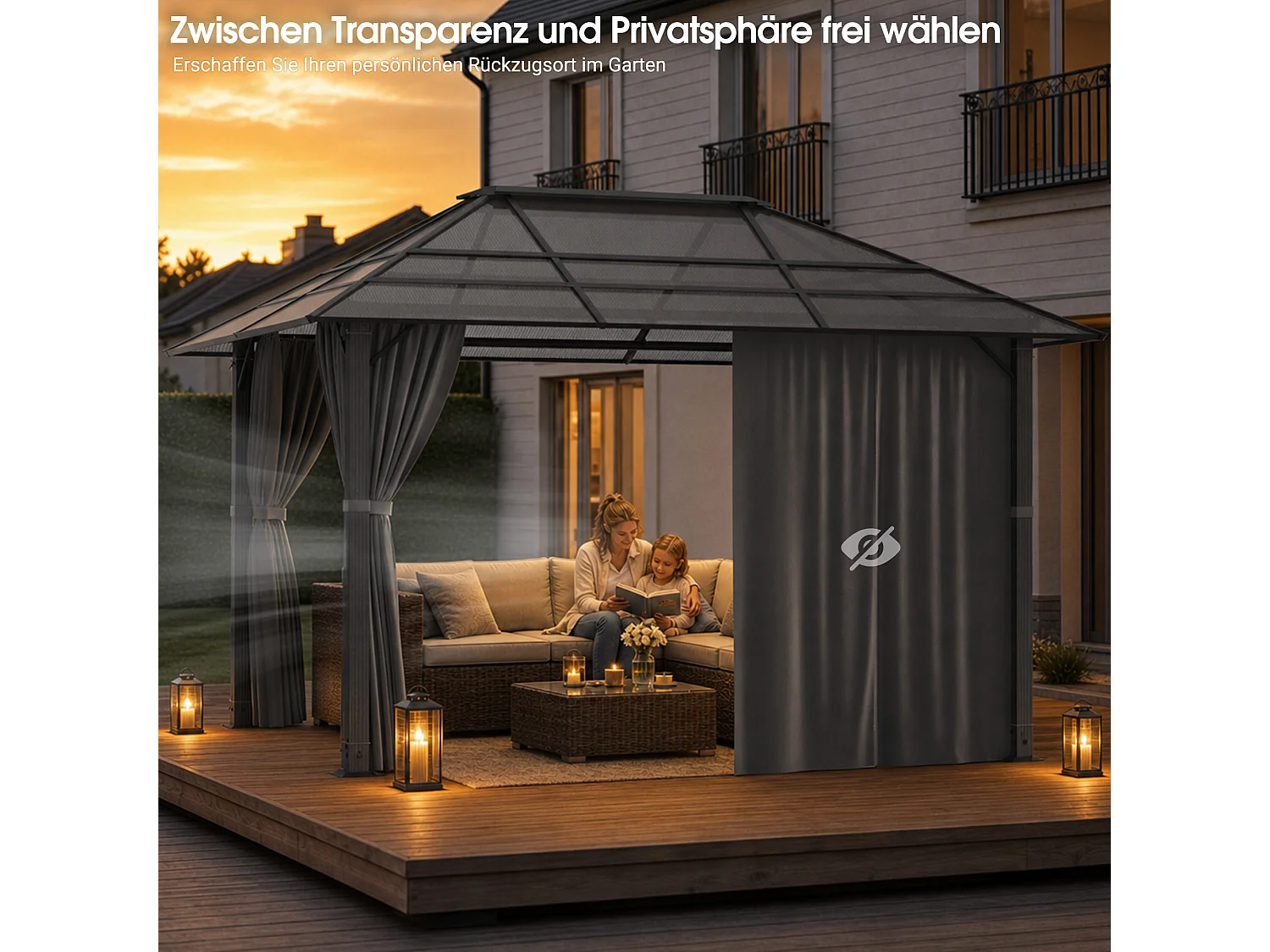 Devoko ® Pavillon de Jardin Hardtop 3x4m avec Éclairage LED Solaire, Toit en Polycarbonate 6mm, Structure Acier-Aluminium, Rideaux Latéraux pour Terrasse Jardin