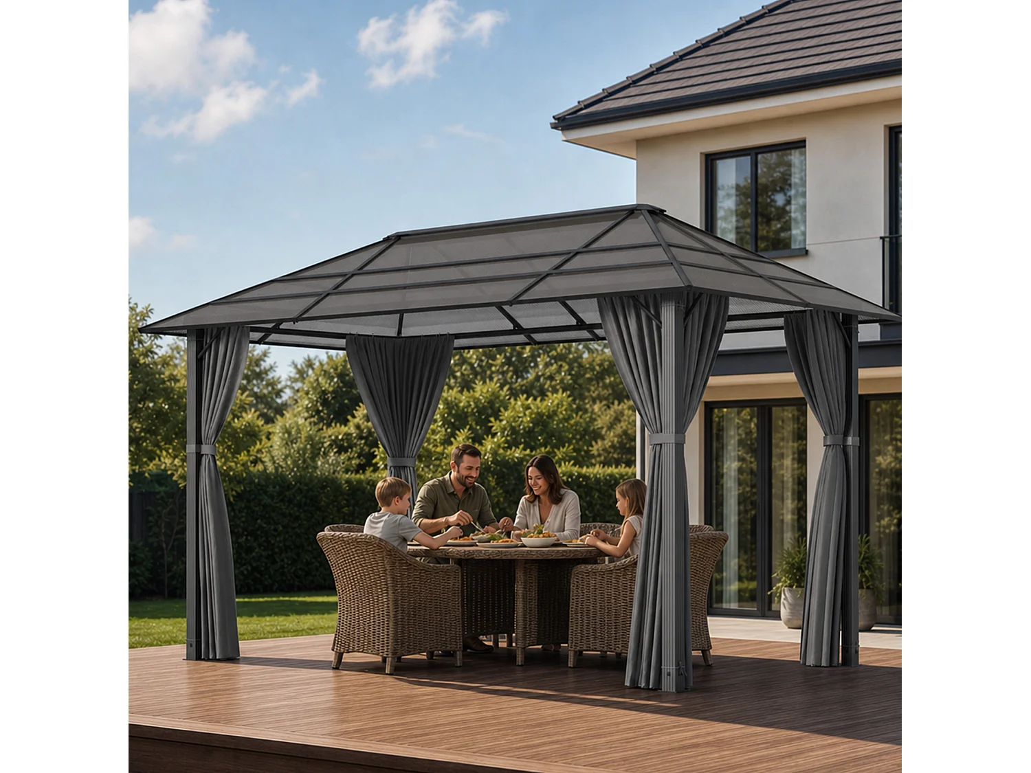 Devoko ® Pavillon de Jardin Hardtop 3x4m avec Éclairage LED Solaire, Toit en Polycarbonate 6mm, Structure Acier-Aluminium, Rideaux Latéraux pour Terrasse Jardin