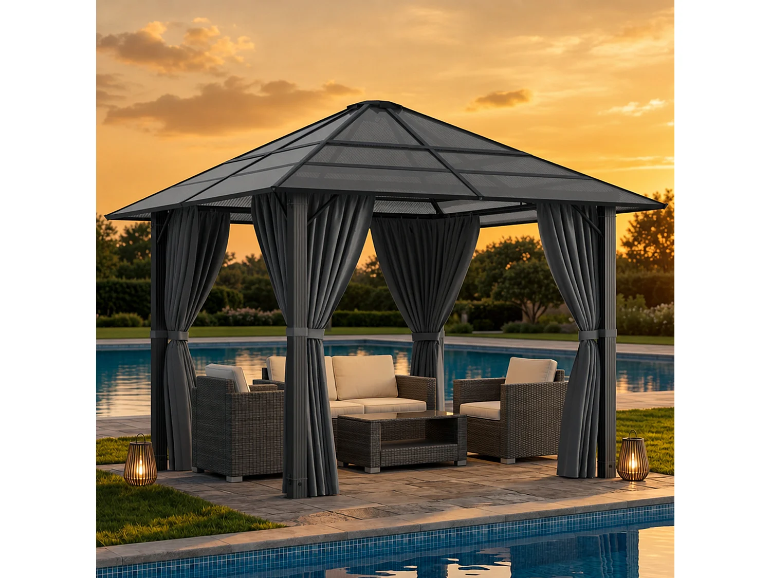 Pavillon de Jardin Hardtop 3x3m  , Toit en Polycarbonate 6mm, Structure Acier-Aluminium, Rideaux Latéraux pour Terrasse Jardin-9m² - Devoko