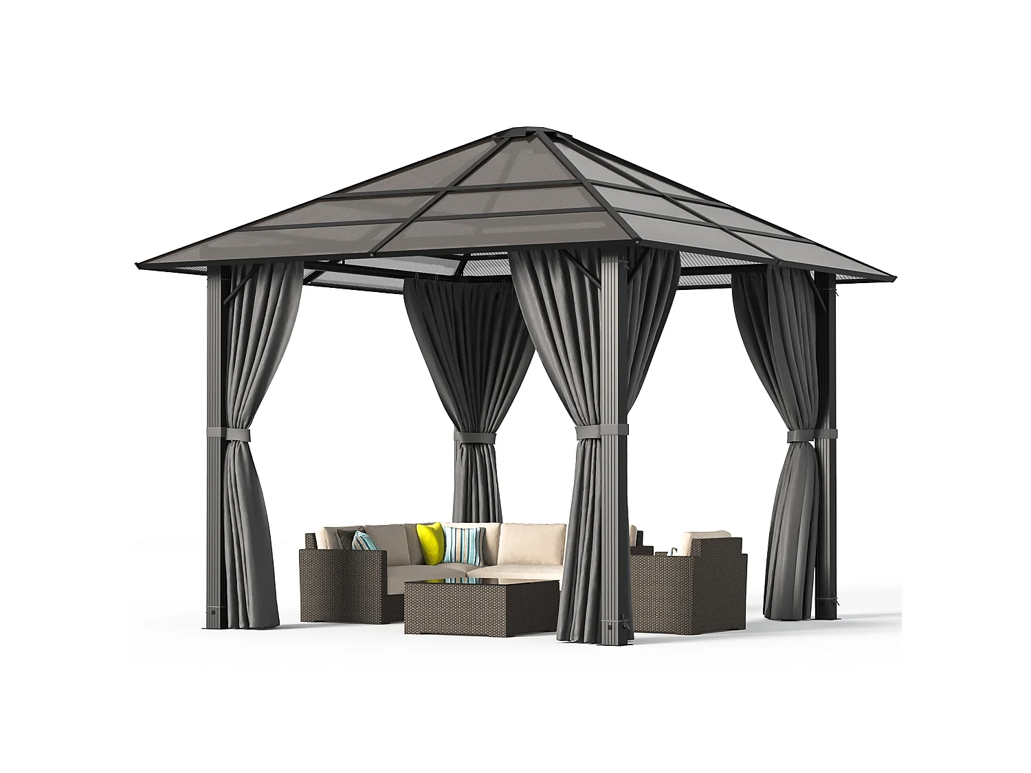 Pavillon de Jardin Hardtop 3x3m  , Toit en Polycarbonate 6mm, Structure Acier-Aluminium, Rideaux Latéraux pour Terrasse Jardin-9m² - Devoko