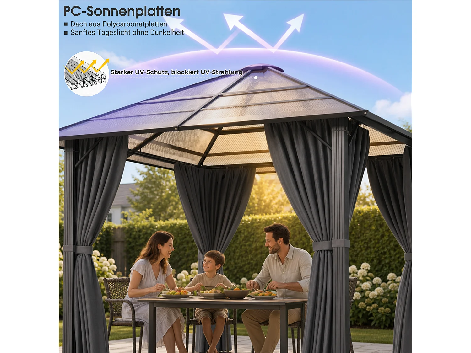 Pavillon de Jardin Hardtop 3x3m  , Toit en Polycarbonate 6mm, Structure Acier-Aluminium, Rideaux Latéraux pour Terrasse Jardin-9m² - Devoko