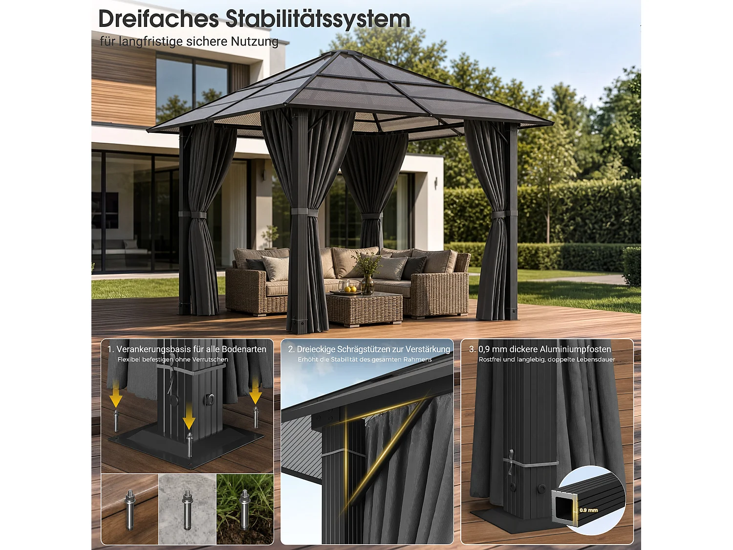 Pavillon de Jardin Hardtop 3x3m  , Toit en Polycarbonate 6mm, Structure Acier-Aluminium, Rideaux Latéraux pour Terrasse Jardin-9m² - Devoko