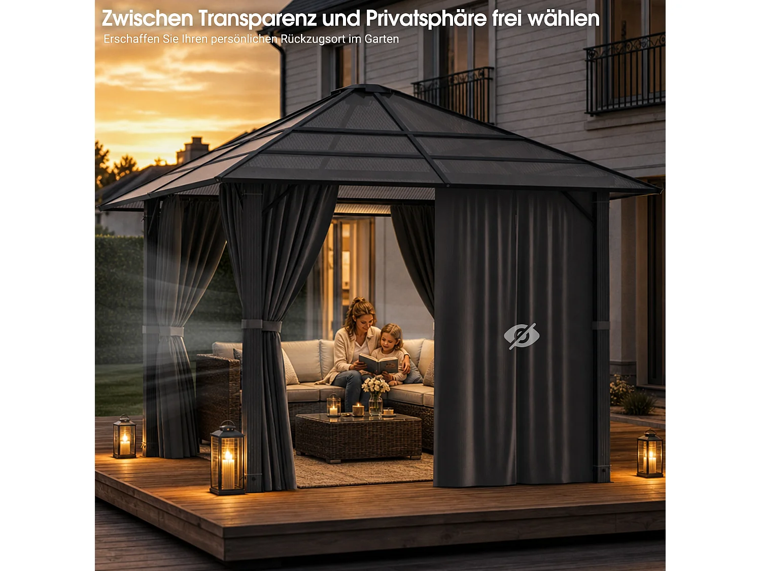 Pavillon de Jardin Hardtop 3x3m  , Toit en Polycarbonate 6mm, Structure Acier-Aluminium, Rideaux Latéraux pour Terrasse Jardin-9m² - Devoko