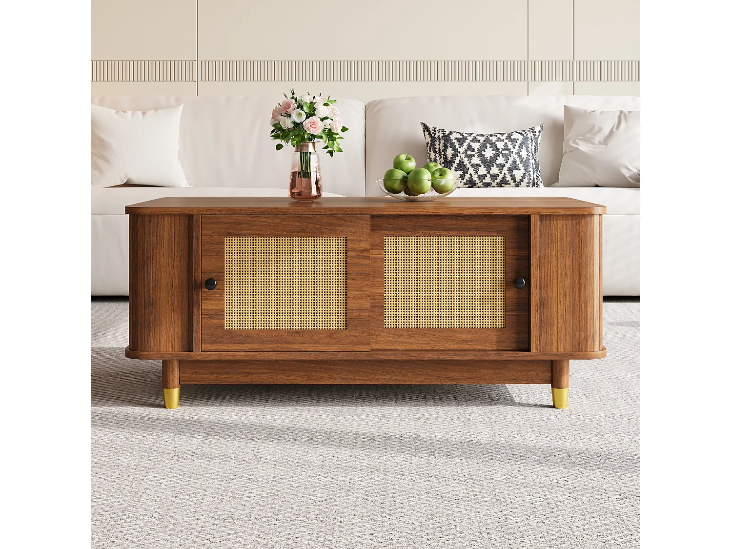 Couchtisch in Holzoptik für das Wohnzimmer – 100 x 50 x 42 cm – mit Schiebetüren aus Rattan – MDF – braun