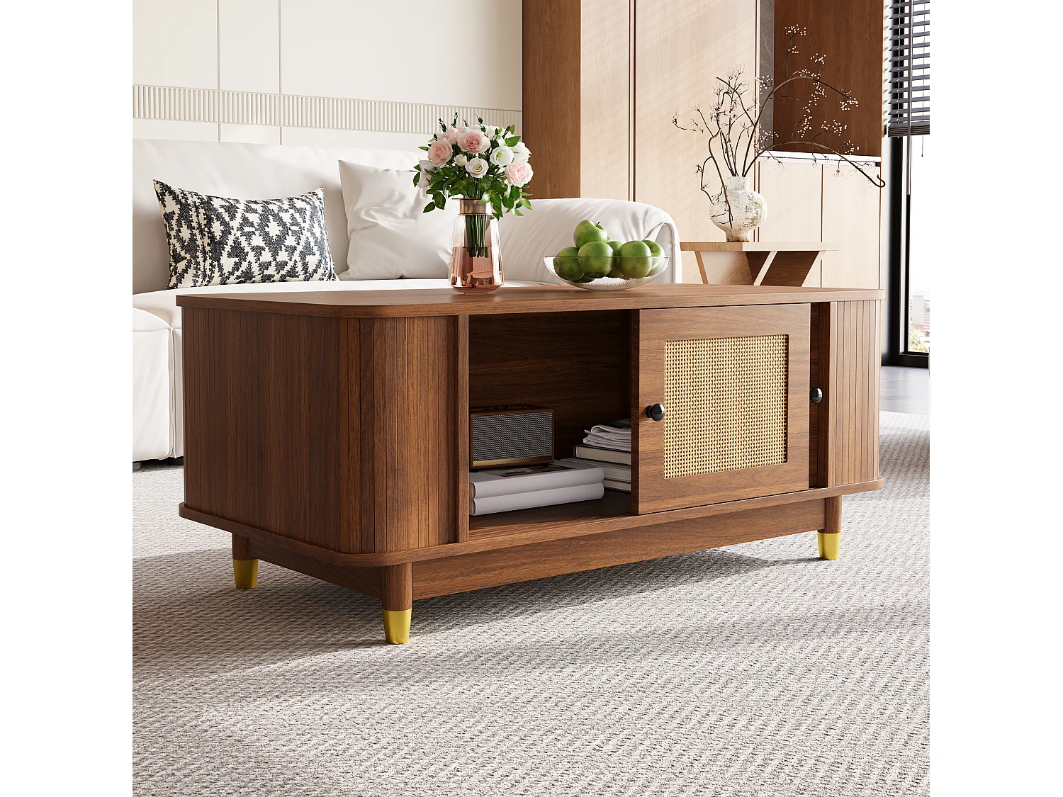 Couchtisch in Holzoptik für das Wohnzimmer – 100 x 50 x 42 cm – mit Schiebetüren aus Rattan – MDF – braun