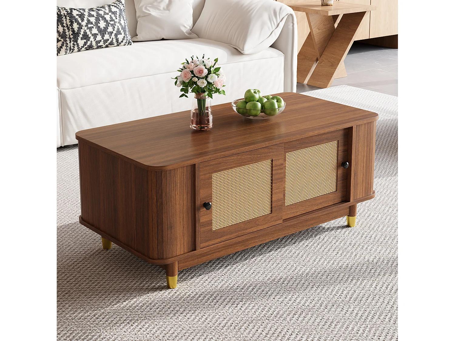 Couchtisch in Holzoptik für das Wohnzimmer – 100 x 50 x 42 cm – mit Schiebetüren aus Rattan – MDF – braun