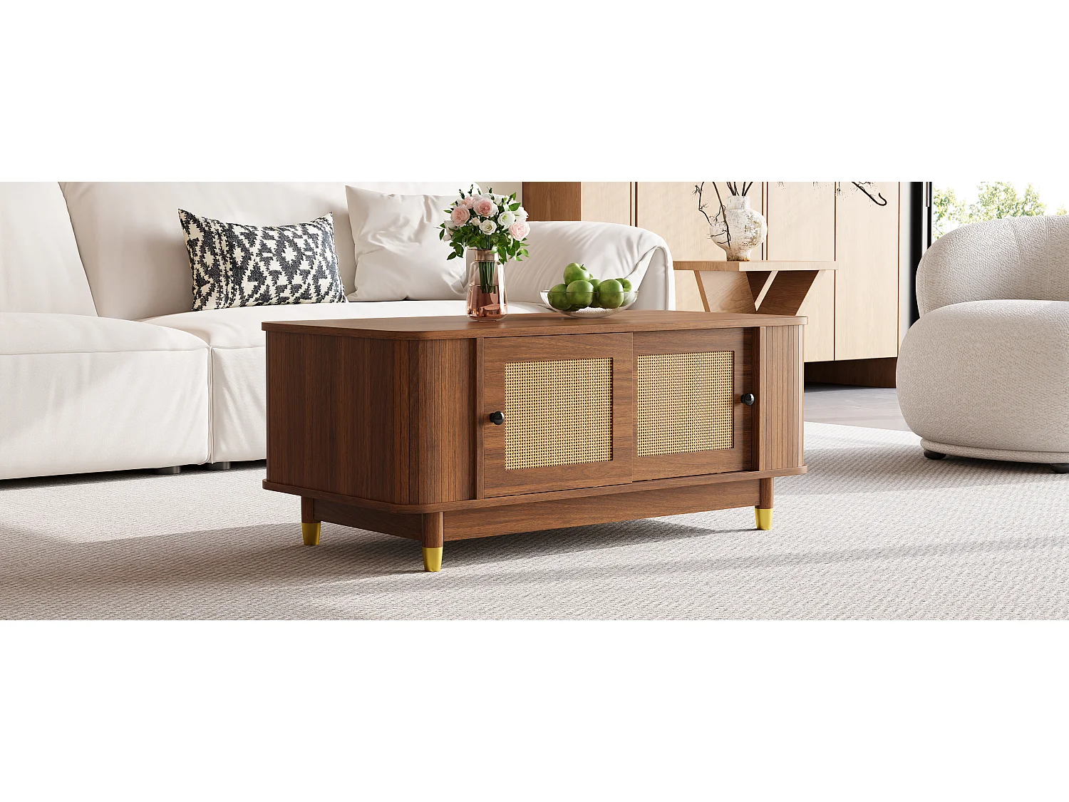 Couchtisch in Holzoptik für das Wohnzimmer – 100 x 50 x 42 cm – mit Schiebetüren aus Rattan – MDF – braun