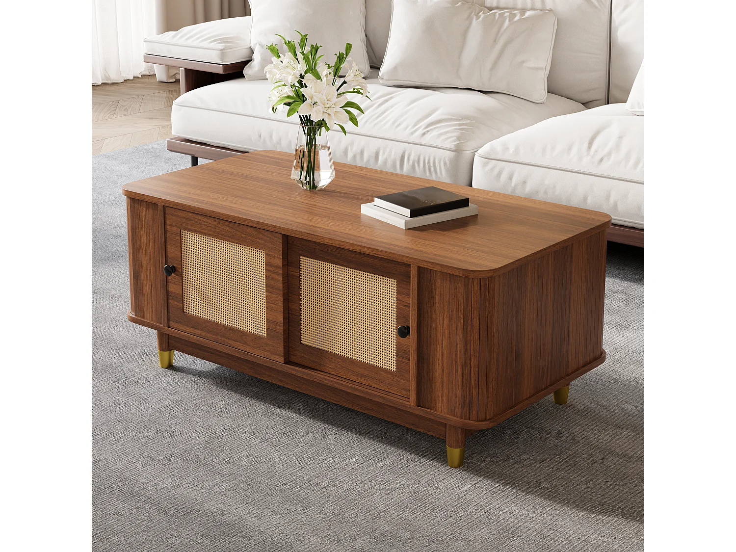 Couchtisch in Holzoptik für das Wohnzimmer – 100 x 50 x 42 cm – mit Schiebetüren aus Rattan – MDF – braun