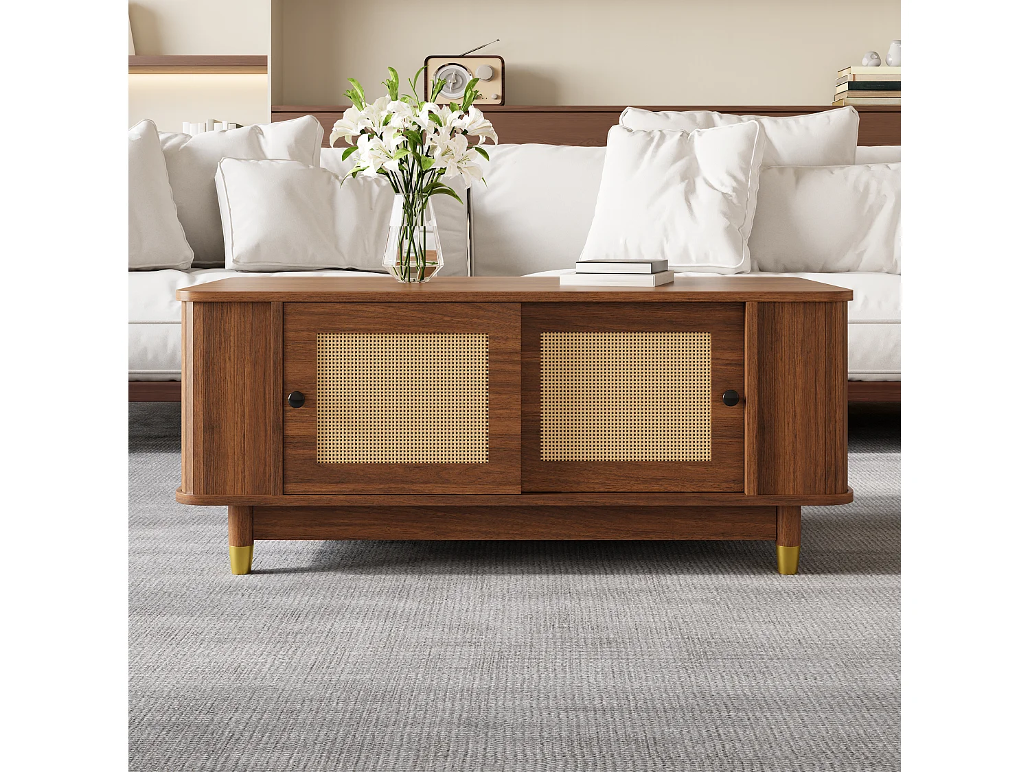 Couchtisch in Holzoptik für das Wohnzimmer – 100 x 50 x 42 cm – mit Schiebetüren aus Rattan – MDF – braun