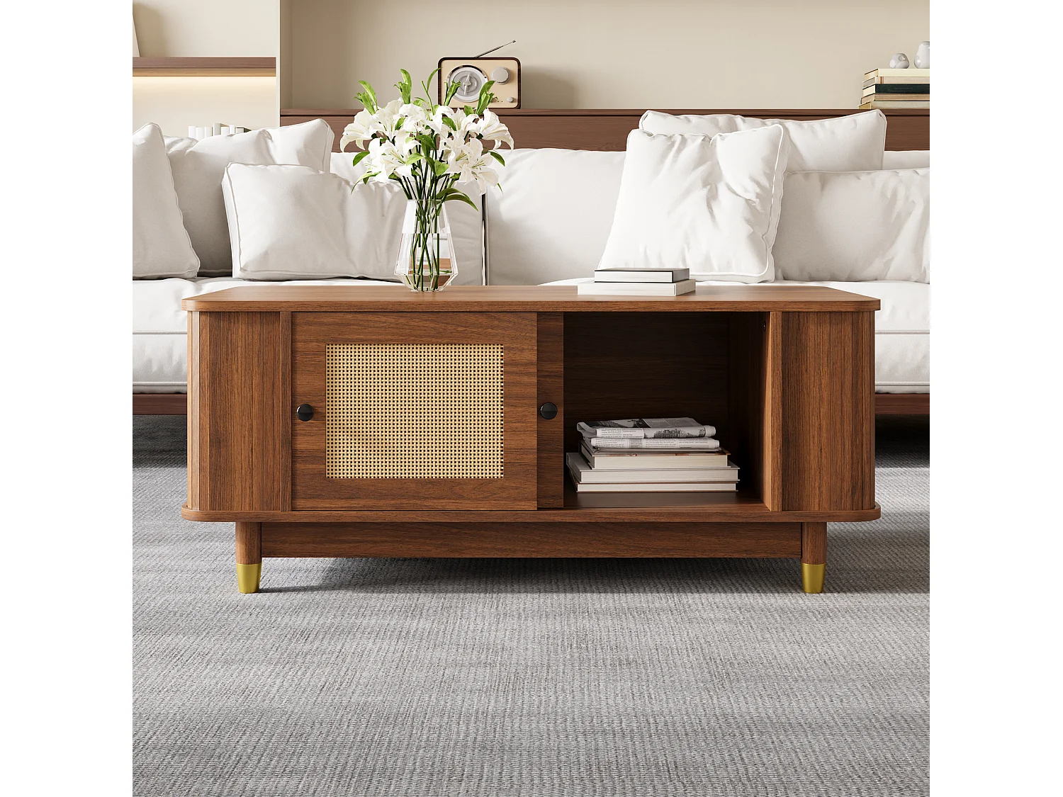 Couchtisch in Holzoptik für das Wohnzimmer – 100 x 50 x 42 cm – mit Schiebetüren aus Rattan – MDF – braun