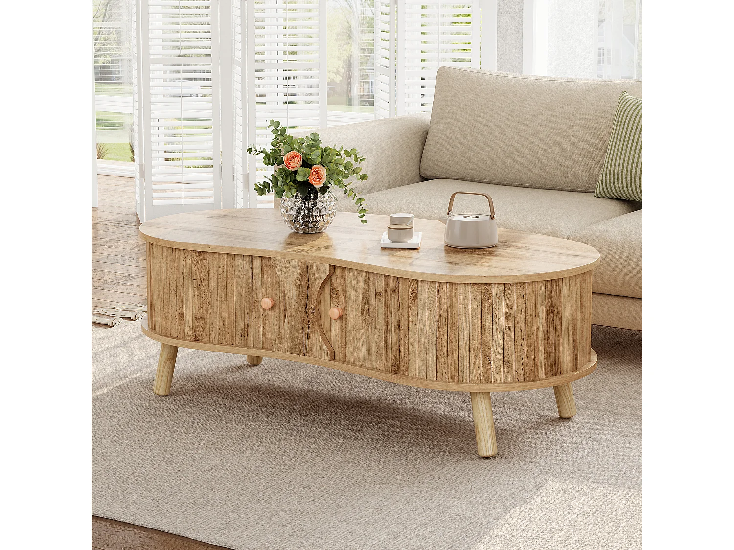 Couchtisch in Holzoptik fürs Wohnzimmer – 108 x 50 x 37 cm – mit 2 Schiebetüren – MDF – natur