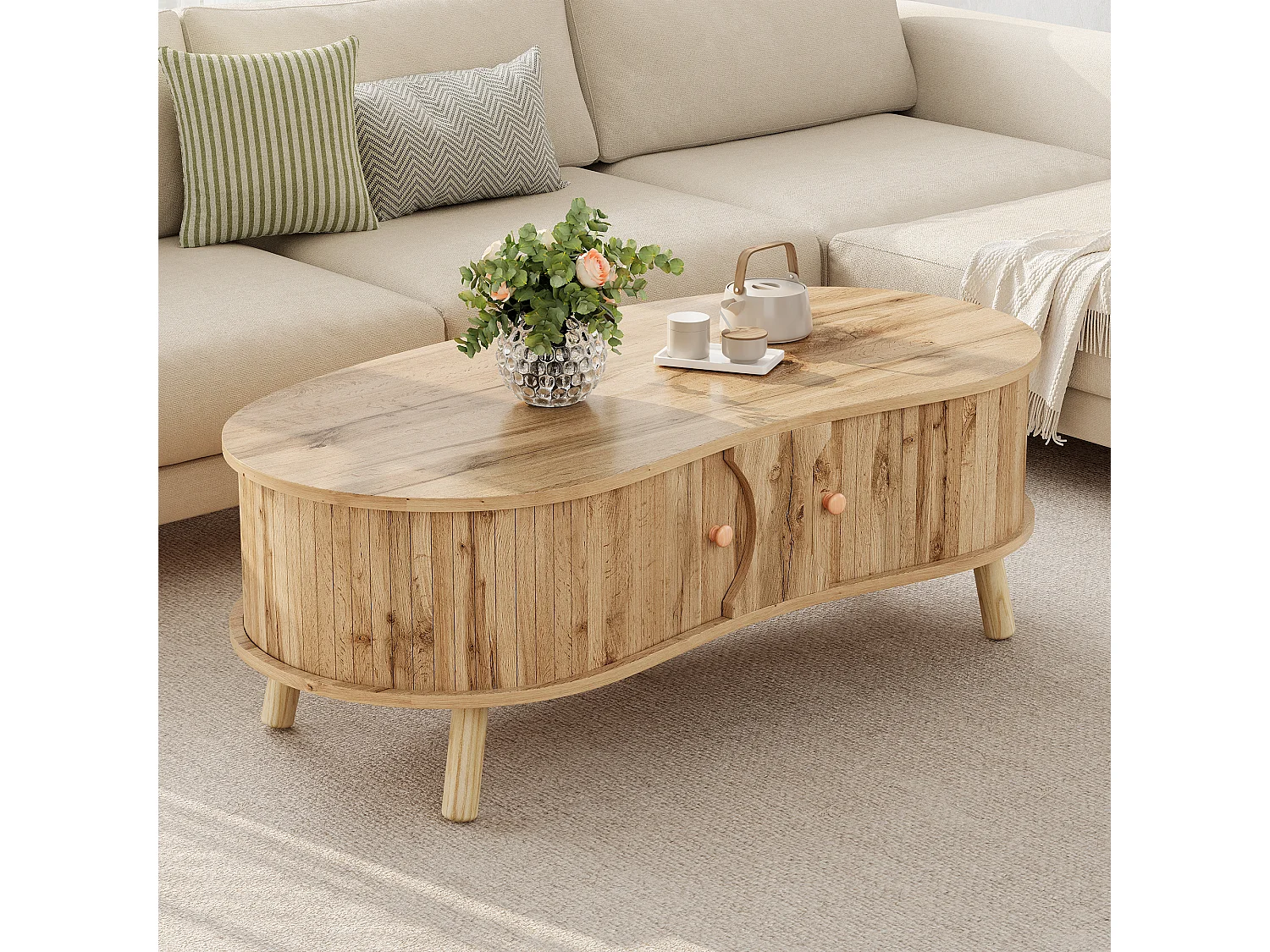 Couchtisch in Holzoptik fürs Wohnzimmer – 108 x 50 x 37 cm – mit 2 Schiebetüren – MDF – natur