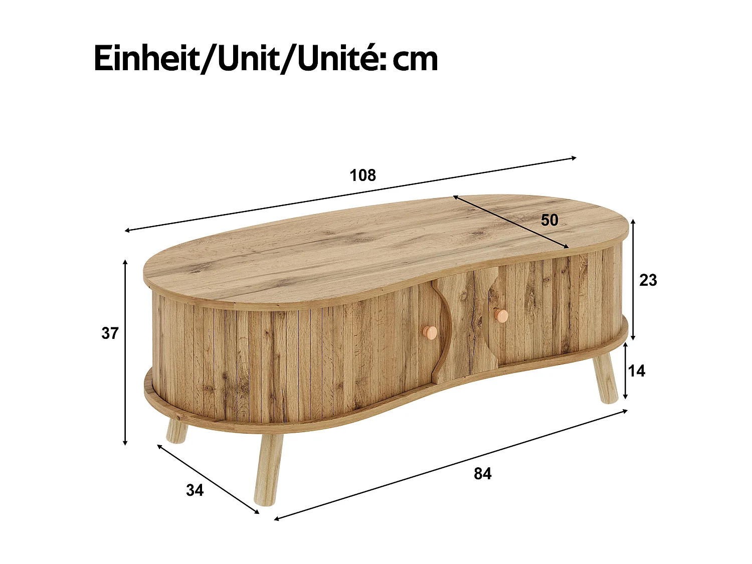 Couchtisch in Holzoptik fürs Wohnzimmer – 108 x 50 x 37 cm – mit 2 Schiebetüren – MDF – natur