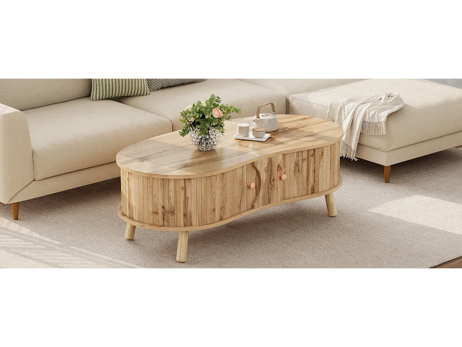 Couchtisch in Holzoptik fürs Wohnzimmer – 108 x 50 x 37 cm – mit 2 Schiebetüren – MDF – natur