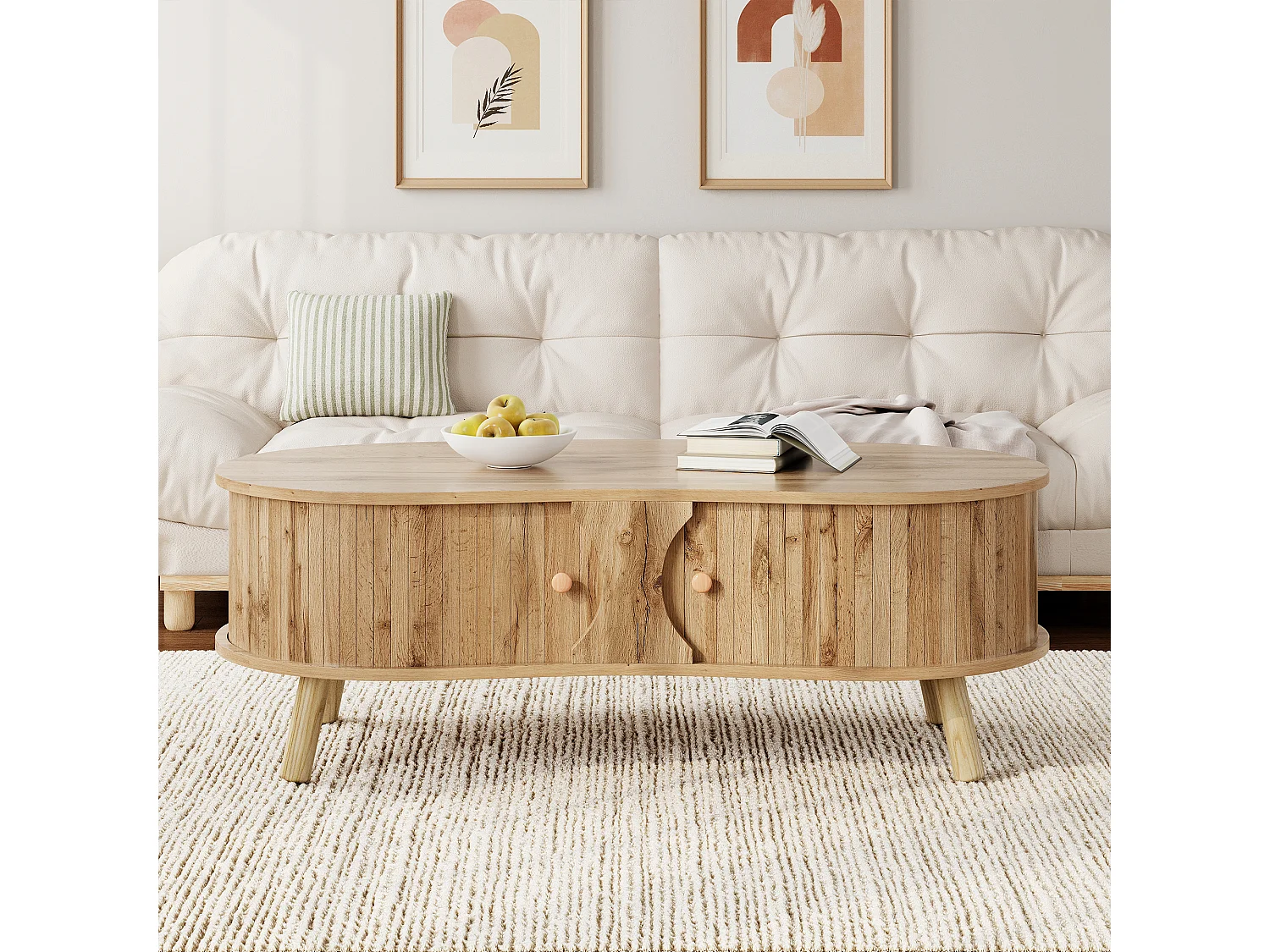 Couchtisch in Holzoptik fürs Wohnzimmer – 108 x 50 x 37 cm – mit 2 Schiebetüren – MDF – natur