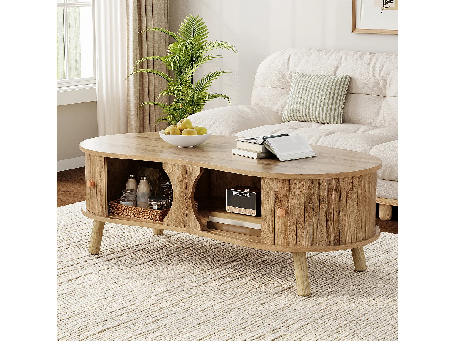 Couchtisch in Holzoptik fürs Wohnzimmer – 108 x 50 x 37 cm – mit 2 Schiebetüren – MDF – natur