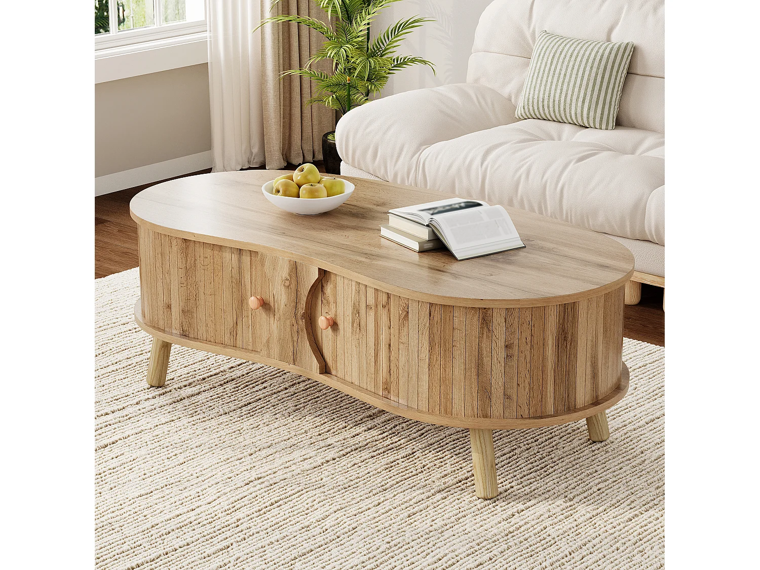 Couchtisch in Holzoptik fürs Wohnzimmer – 108 x 50 x 37 cm – mit 2 Schiebetüren – MDF – natur