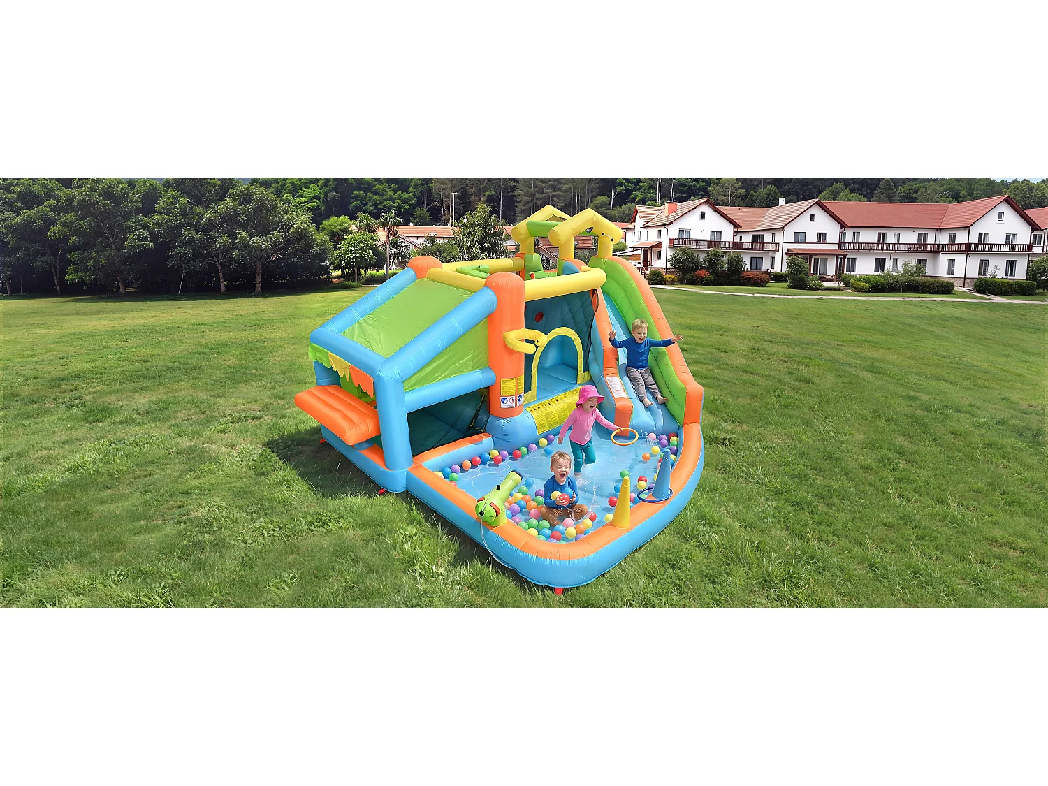 Opblaasbaar kasteel voor kinderen van 3 tot 10 jaar - 360 x 350 x 200 cm - met blower + glijbaan + zwembad - Oxford - Meerkleurig