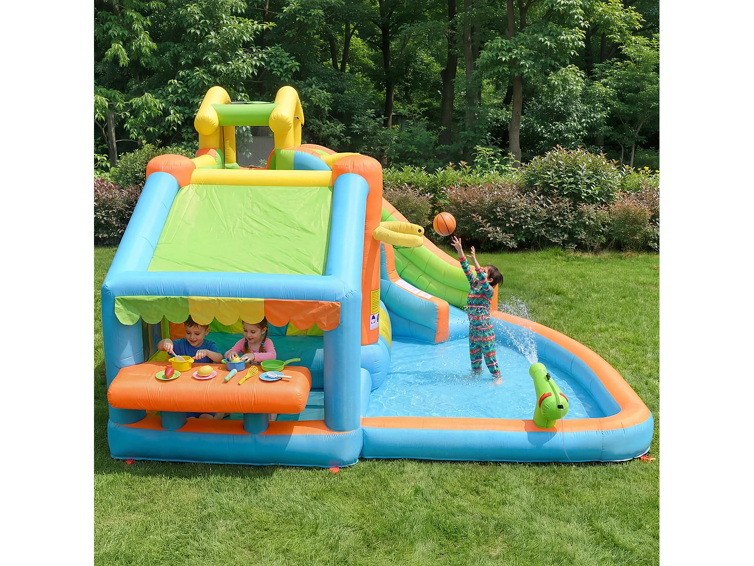 Opblaasbaar kasteel voor kinderen van 3 tot 10 jaar - 360 x 350 x 200 cm - met blower + glijbaan + zwembad - Oxford - Meerkleurig