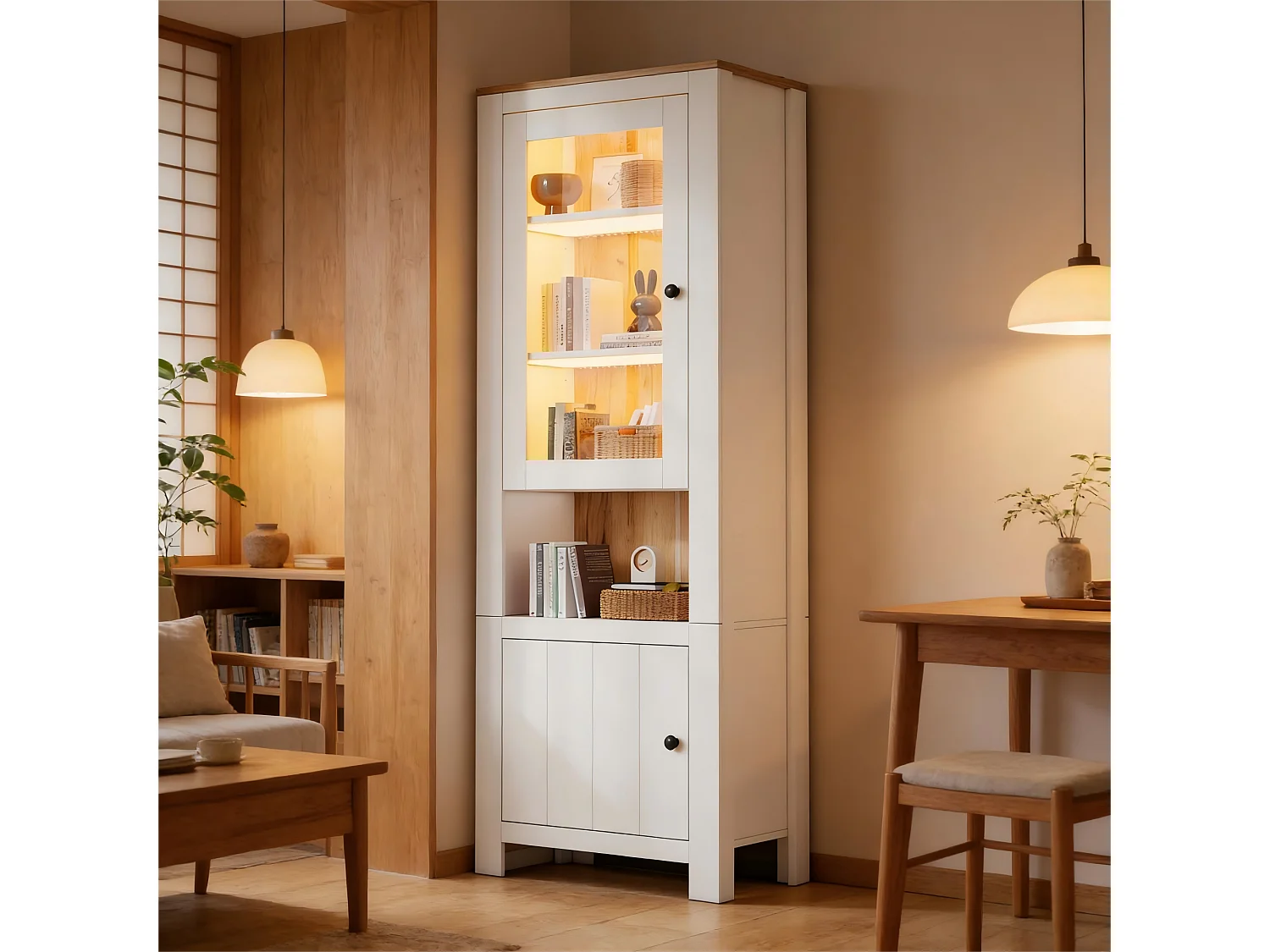 Freistehende Glasvitrine – 70 x 40 x 188 cm – mit 2 Türen, 6 Einlegeböden und LED-Beleuchtung – Spanplatte – weiß