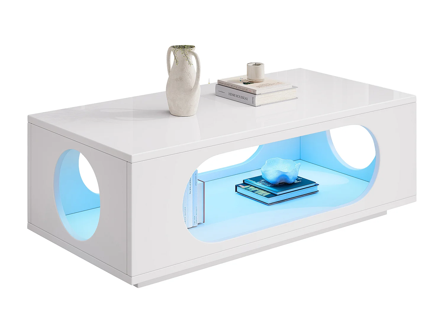 Couchtisch mit Hochglanzoberfläche – 100 x 50 x 35 cm – mit LED-Beleuchtung und Ablagefläche – MDF – weiß