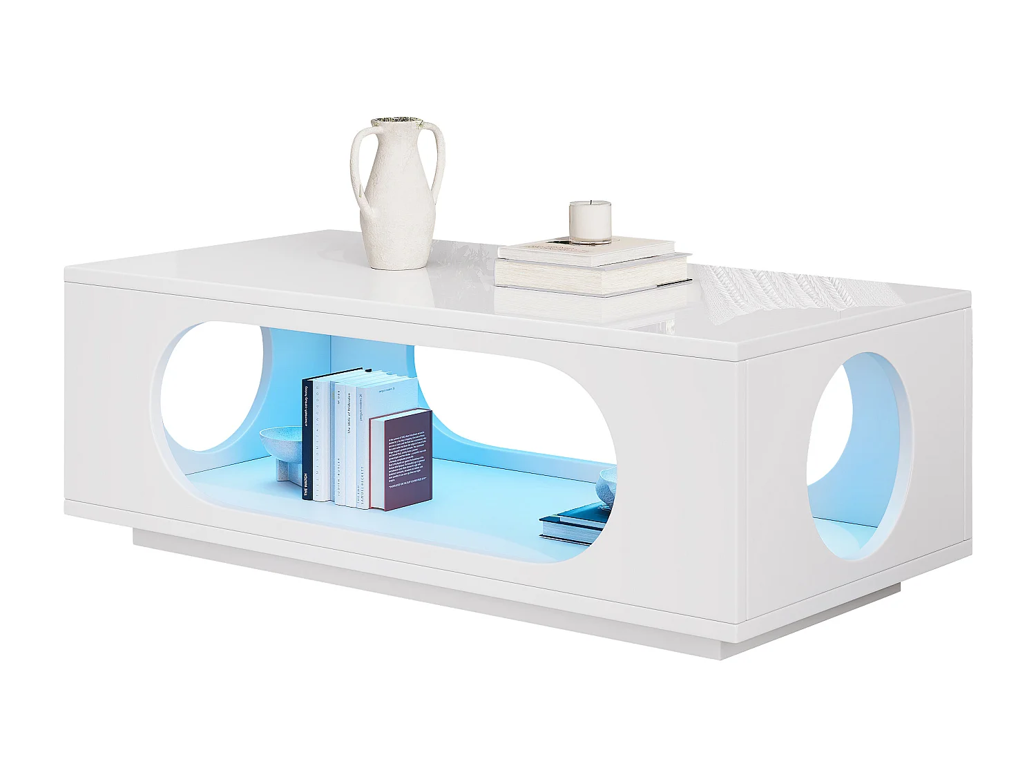 Couchtisch mit Hochglanzoberfläche – 100 x 50 x 35 cm – mit LED-Beleuchtung und Ablagefläche – MDF – weiß