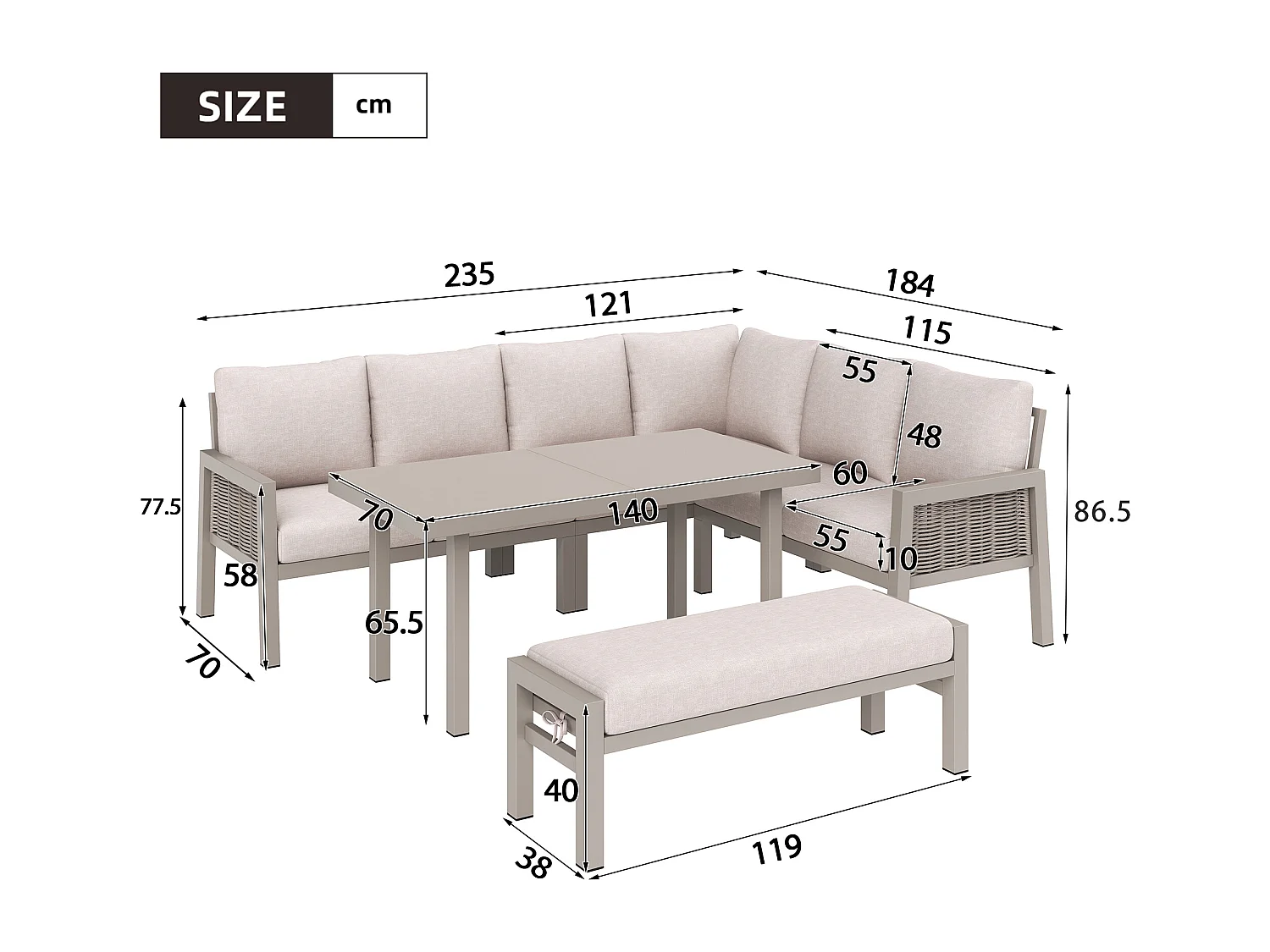 8-sits trädgårdsmöbelset - med hörnsoffa + soffbord + bänk - PE-flätad lina - metall - khaki