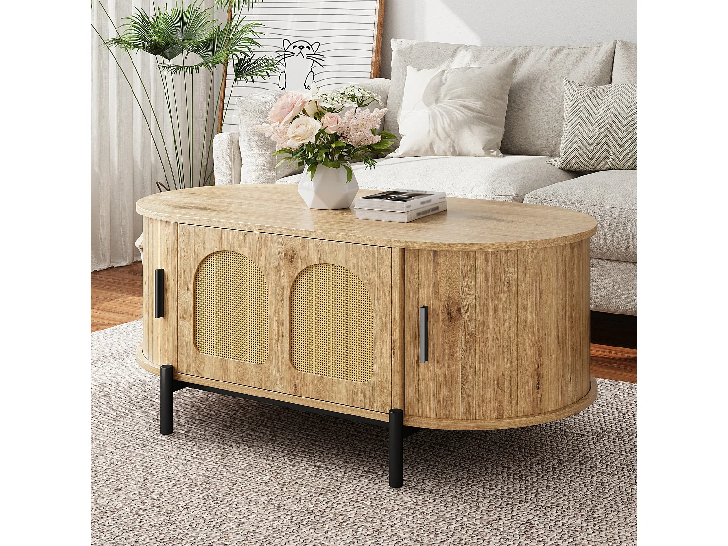 Ovaler Couchtisch aus Rattan – 100 x 50 x 40 cm – mit Schiebetüren und Stauraum – Metallbeine – MDF – natur