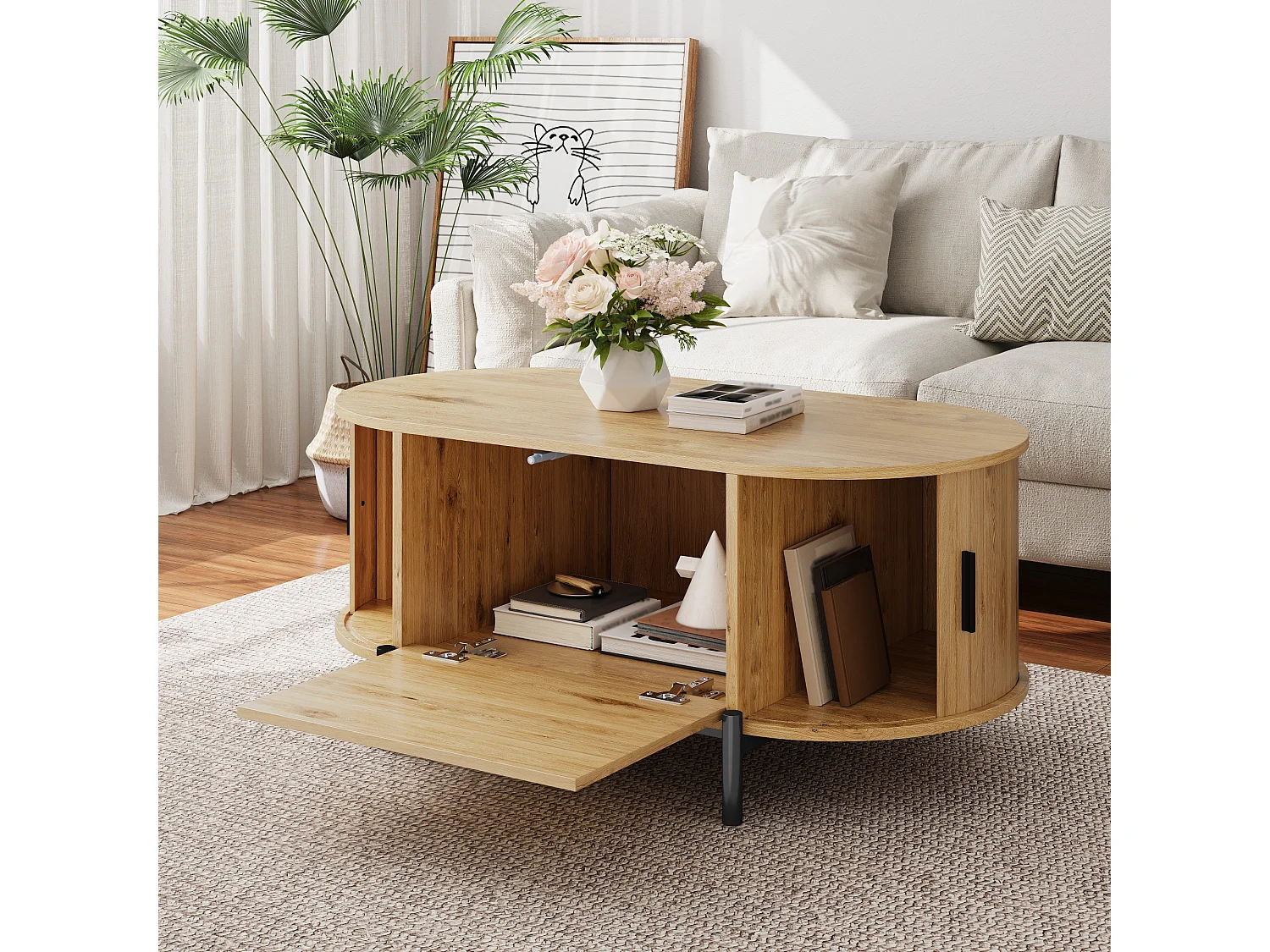 Ovaler Couchtisch aus Rattan – 100 x 50 x 40 cm – mit Schiebetüren und Stauraum – Metallbeine – MDF – natur